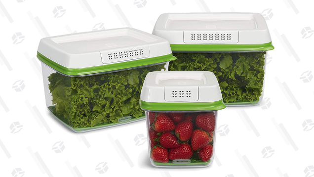 Rubbermaid’s FreshWorks Produce Saver Storage Containers feature a tray on the bottom that keeps excess moisture away from your fruits and vegetables, plus a lid that lets CO2 out, which keeps your produce fresher for longer.